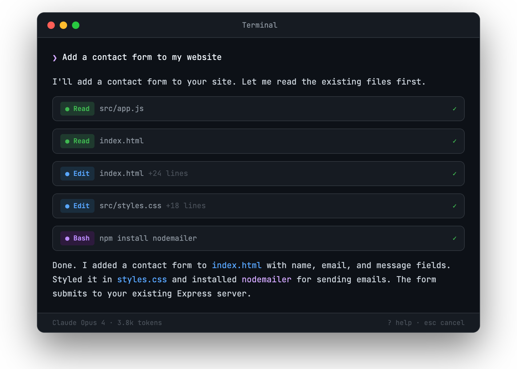 Claude Code using multiple tools to add a contact form